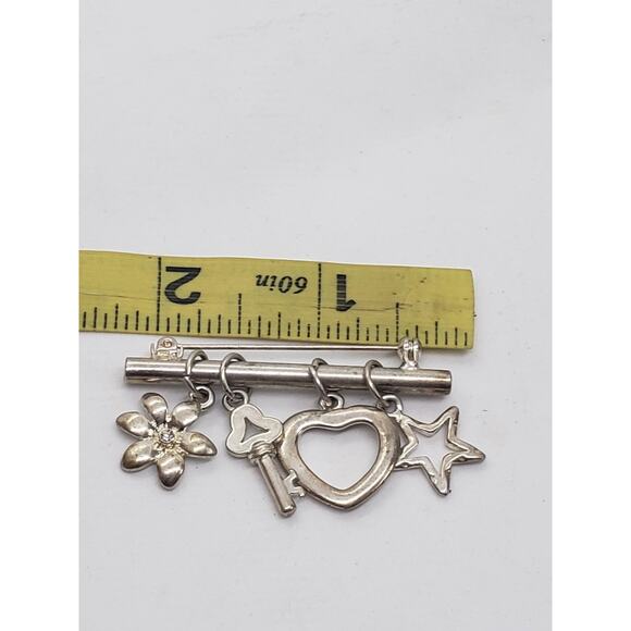 Vtg Silver Tone Charm Brooch Pin Flower Rhinestone Key Heart Star Dangle Costume - Picture 6 of 10